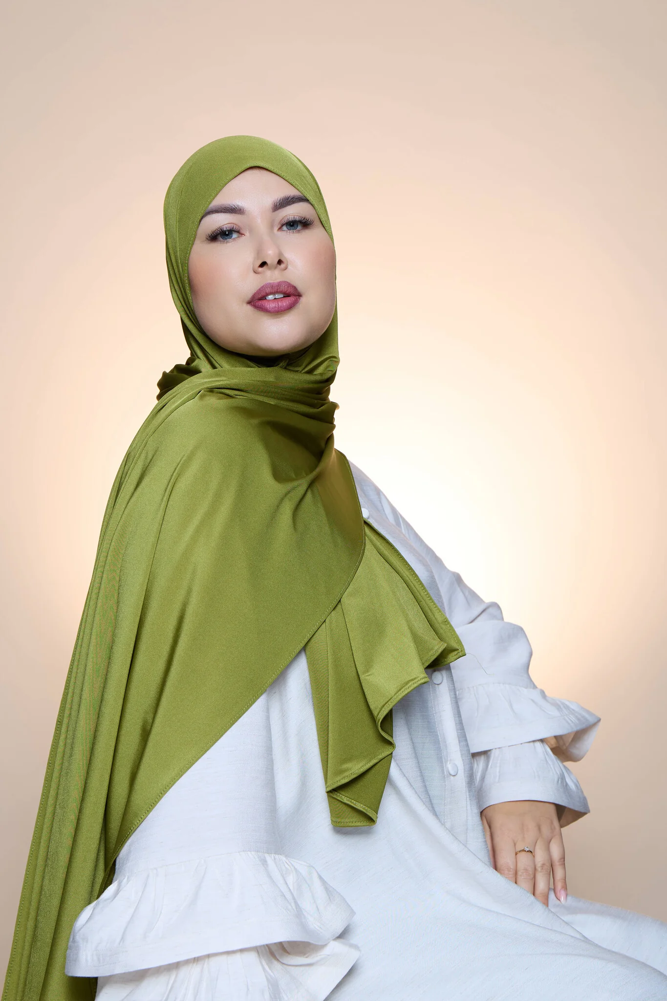 Hijab Premium Satin Mae Olive Green - Image 3